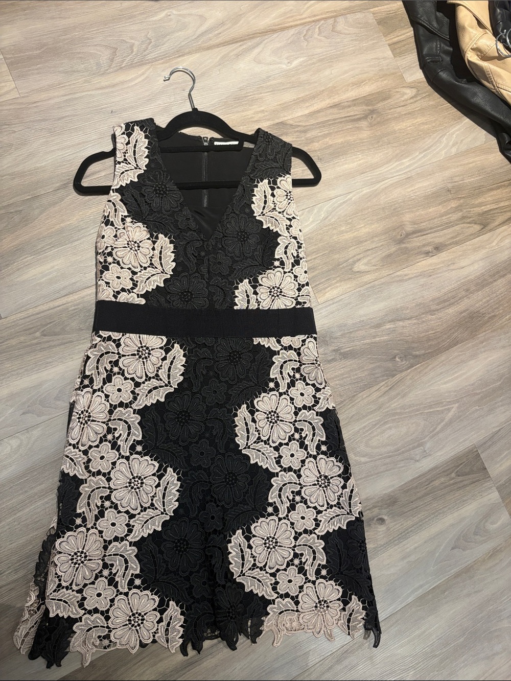 Alice + Olivia Black Dress with Cream Floral Lace Midi